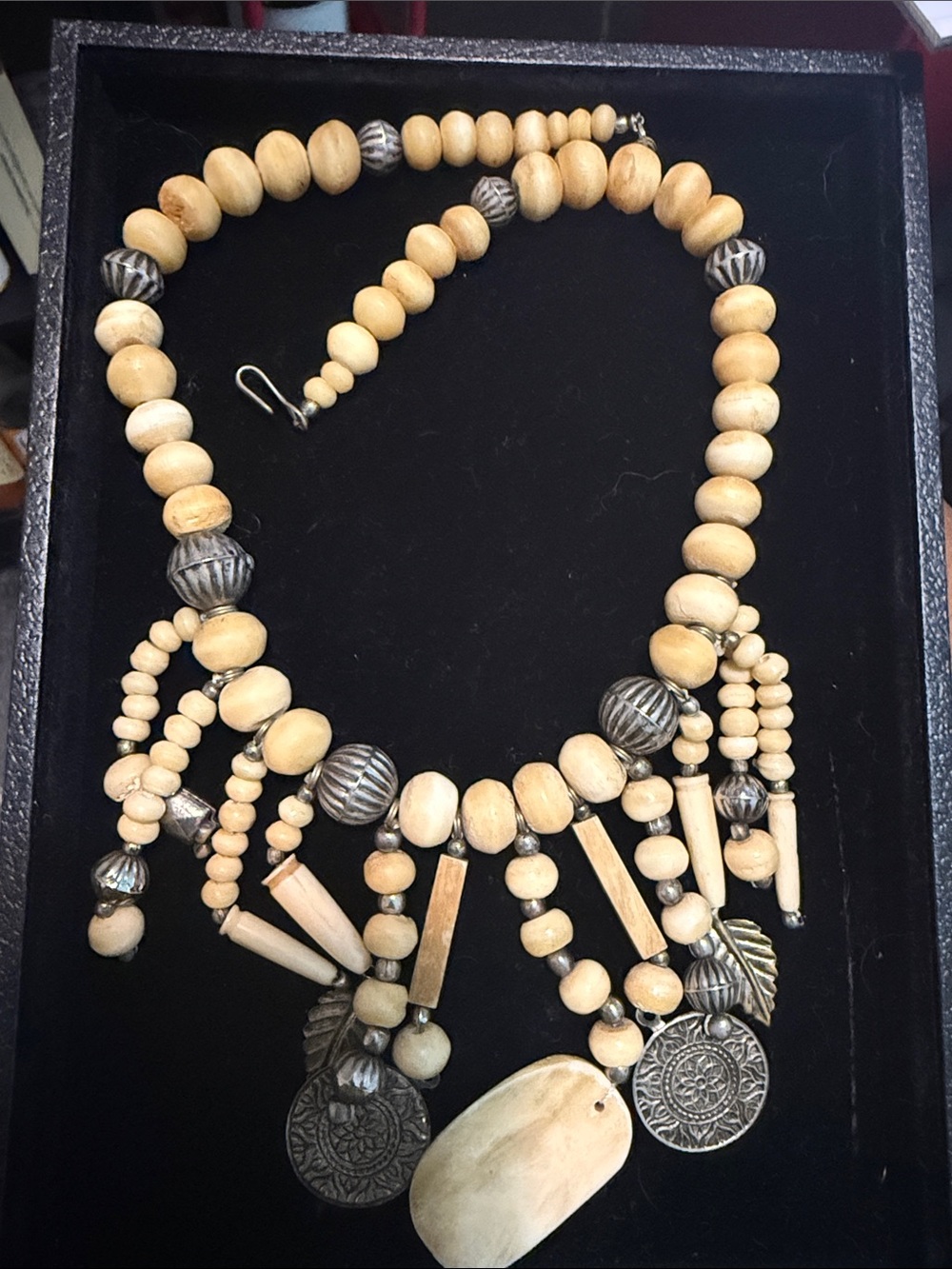 Handcrafted Natural Wood and Silver-Tone Statement Necklace - Beige